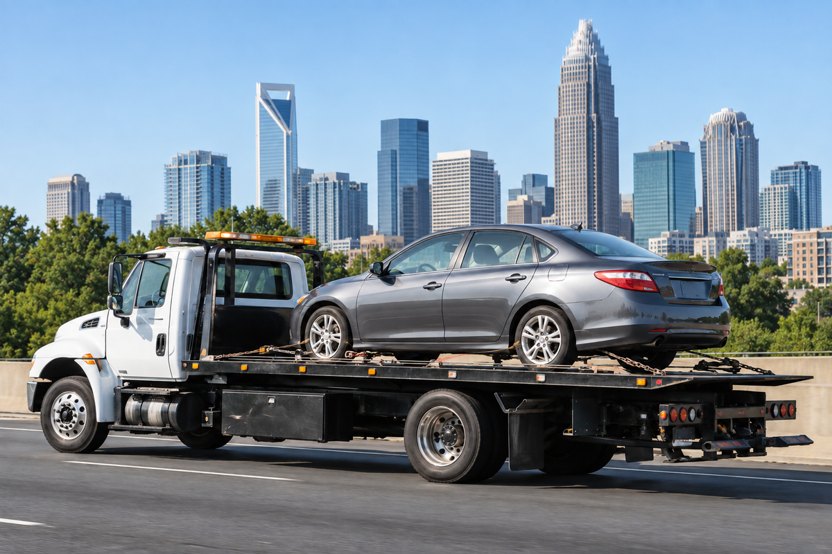 Flatbed tow truck carrying a car